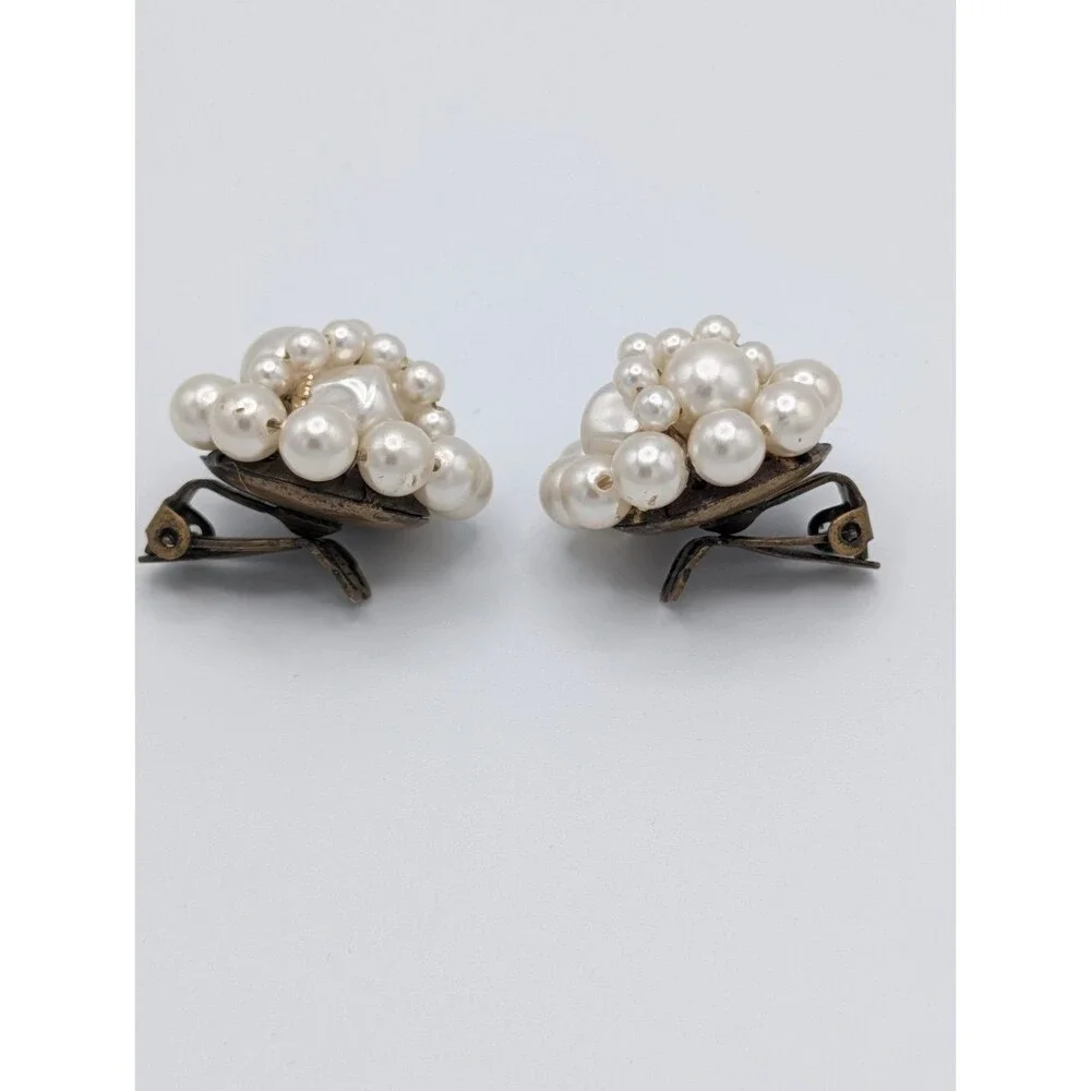 Vintage Faux Pearl Cluster Clip Earrings Brass Gold Tone MCM 1950s Japan Estate